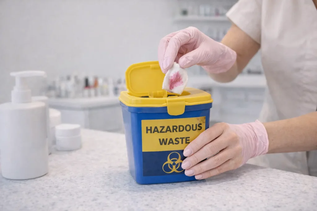 Health & Safety Law for Nail Technicians in the UK: What You Must Know 5 Nail technician disposing of cotton pad