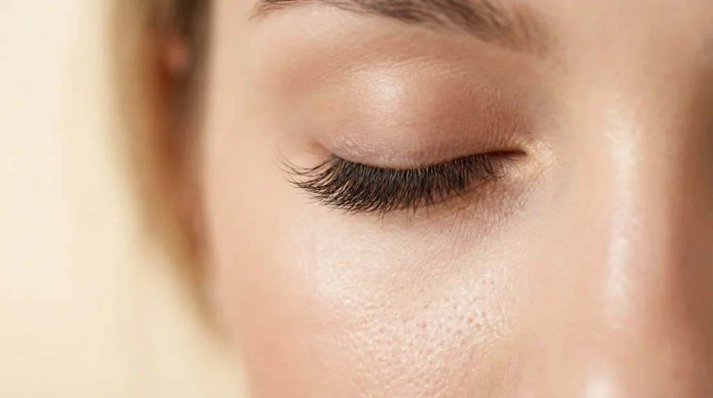 Close up of professionally applied eyelash extensions on a client with a softly closed eye