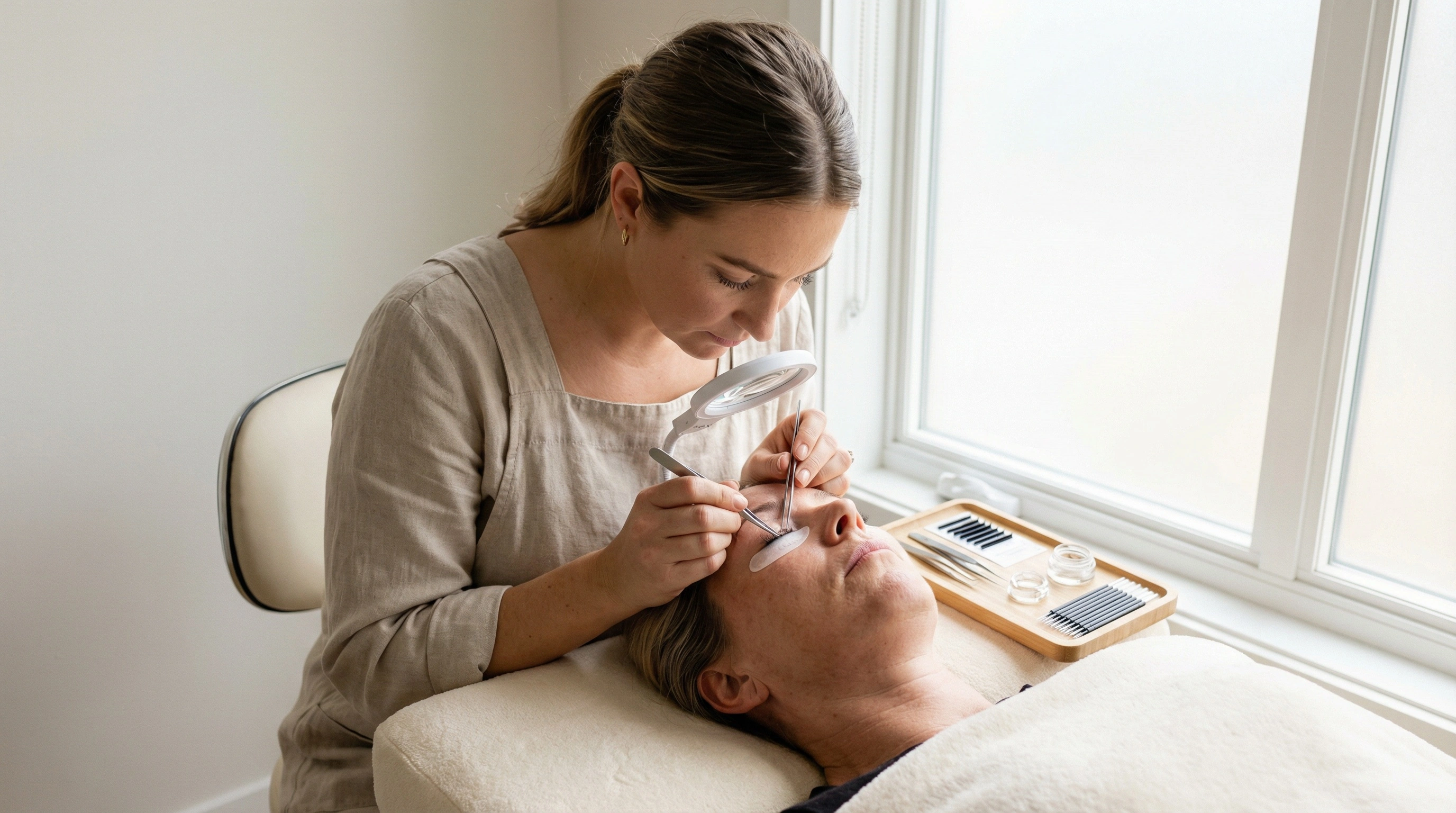 How Much Do Lash Technicians Earn in the UK? Salary Guide 1 Lash technician applying eyelash extensions to a client in a professional beauty treatment room