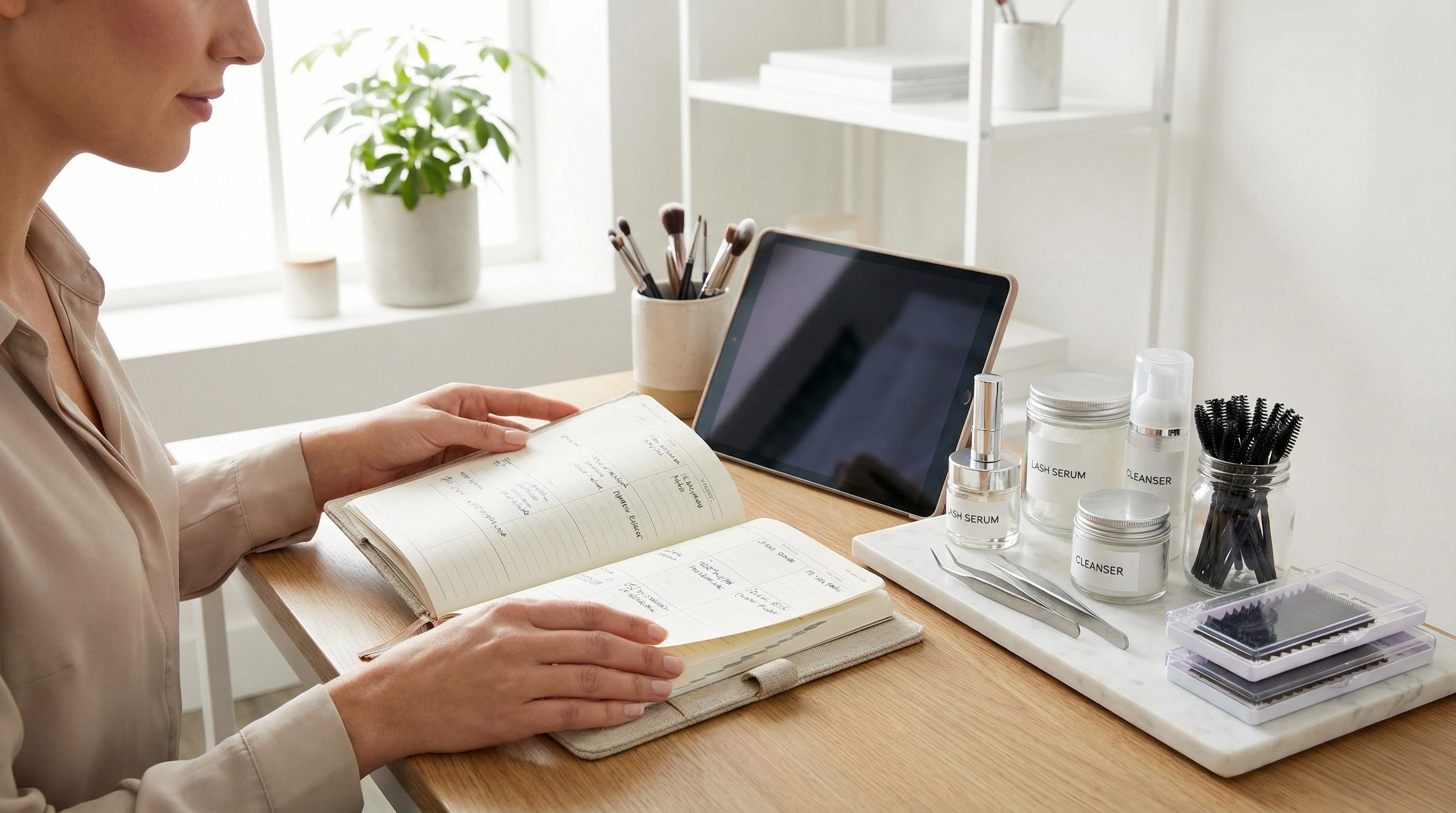 How Much Do Lash Technicians Earn in the UK? Salary Guide 2 Lash technician reviewing bookings beside lash tools in a beauty workspace