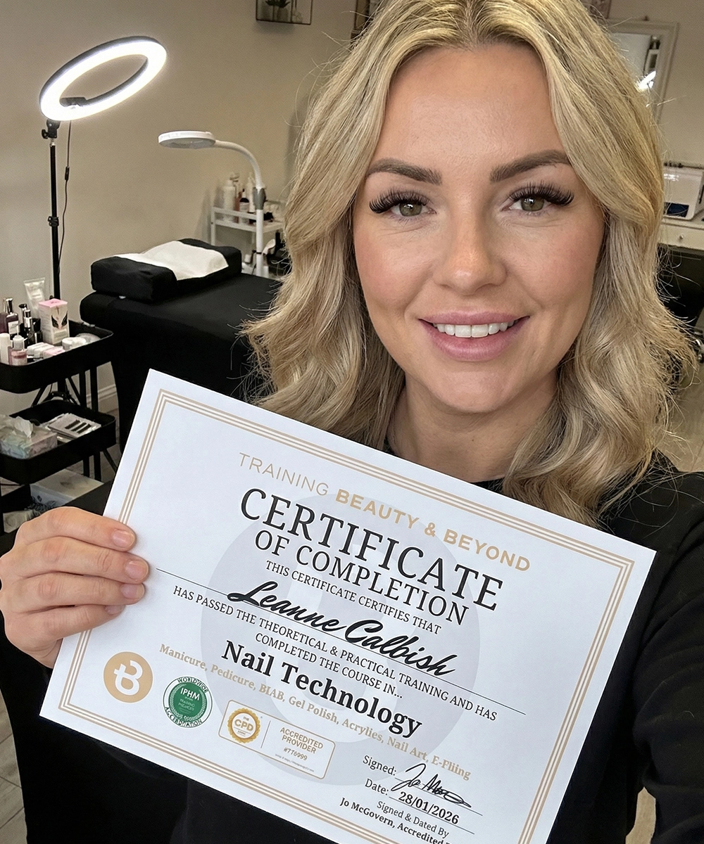 Student Leanne holding Nail Tech certificate