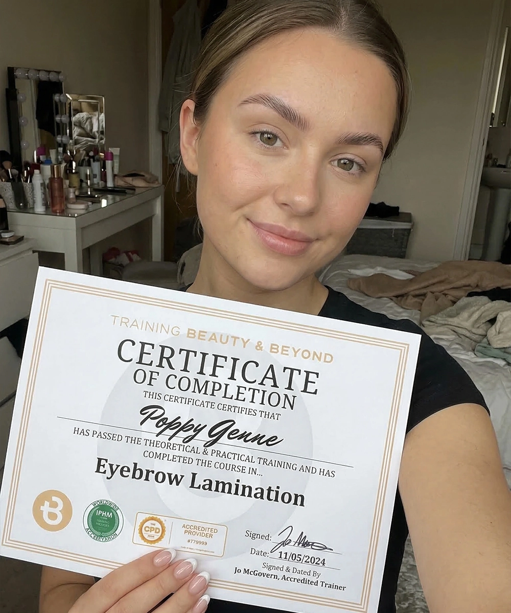 Student Poppy holding Eyebrow Lamination certificate